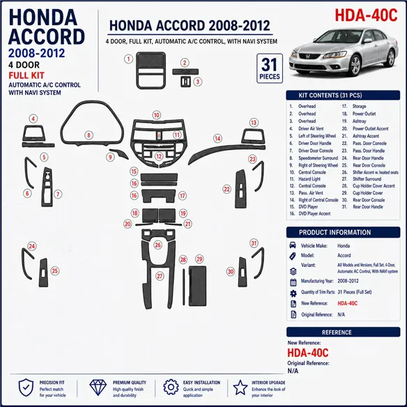 Honda Accord 2008-2012 kit complet, 4 portes, automatique AC Control, avec navigation system kit décoration intérieure tableau d