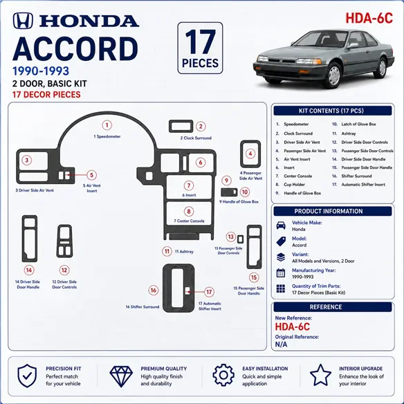 Honda Accord 1990-1993 2 portes, kit de base, 17 pièces kit décoration intérieure tableau de bord