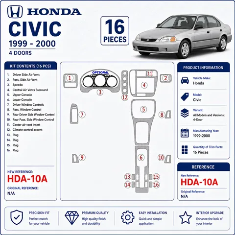 Honda Civic 1999-2000 4 portes 16 pièces kit décoration intérieure tableau de bord