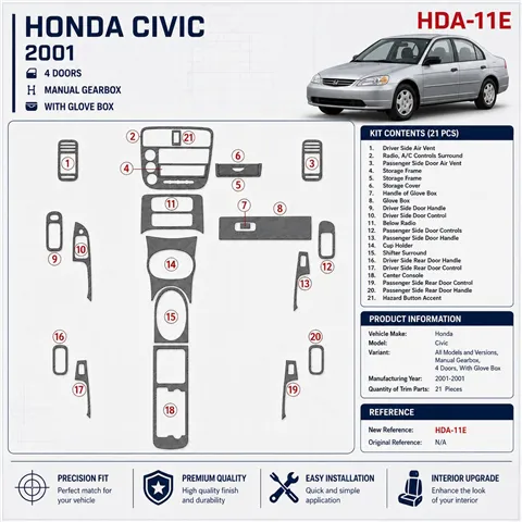 Honda Civic 2001-2001 boîte manuelle, 4 portes, avec boîte à gants, 21 pièces kit décoration intérieure tableau de bord