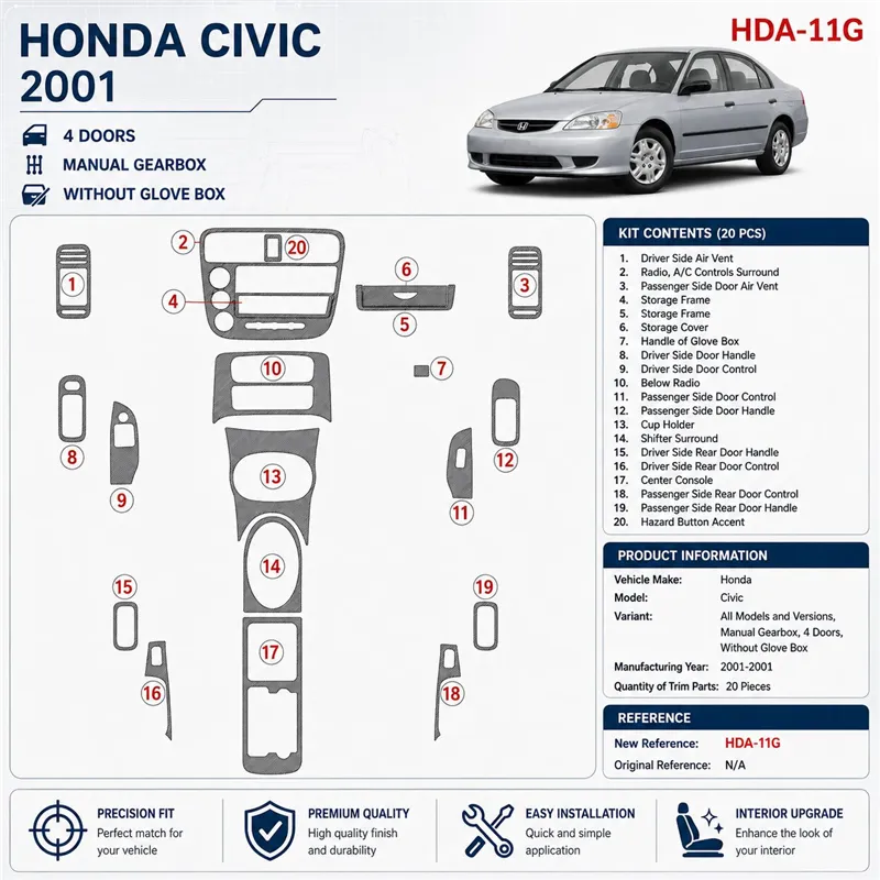 Honda Civic 2001-2001 boîte automatique, 2 portes, sans boîte à gants, 16 pièces kit décoration intérieure tableau de bord