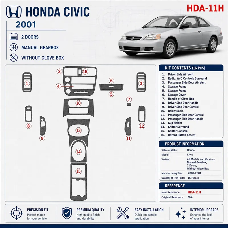 Honda Civic 2001-2001 boîte manuelle, 2 portes, sans boîte à gants, 16 pièces kit décoration intérieure tableau de bord