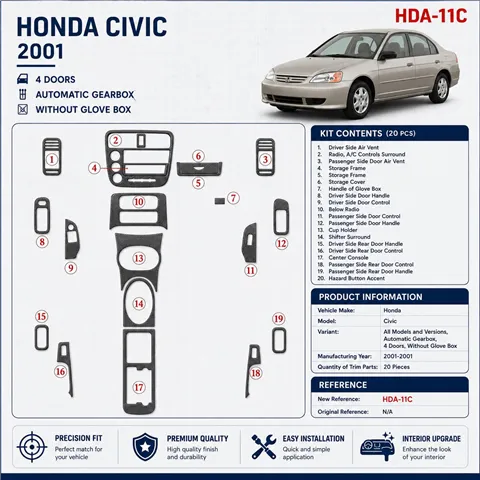 Honda Civic 2001-2001 boîte automatique, 4 portes, sans boîte à gants, 20 pièces kit décoration intérieure tableau de bord