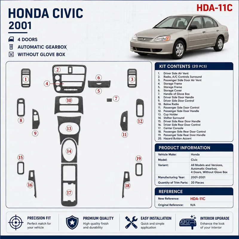 Honda Civic 2001-2001 boîte automatique, 4 portes, sans boîte à gants, 20 pièces kit décoration intérieure tableau de bord