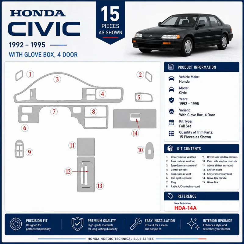 Honda Civic 1992-1995 2 portes, avec boîte à gants kit décoration intérieure tableau de bord