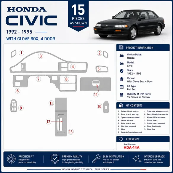Honda Civic 1992-1995 2 portes, avec boîte à gants kit décoration intérieure tableau de bord