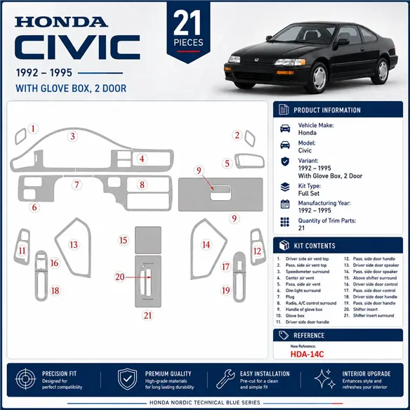 Honda Civic 1992-1995 4 portes, avec boîte à gants kit décoration intérieure tableau de bord