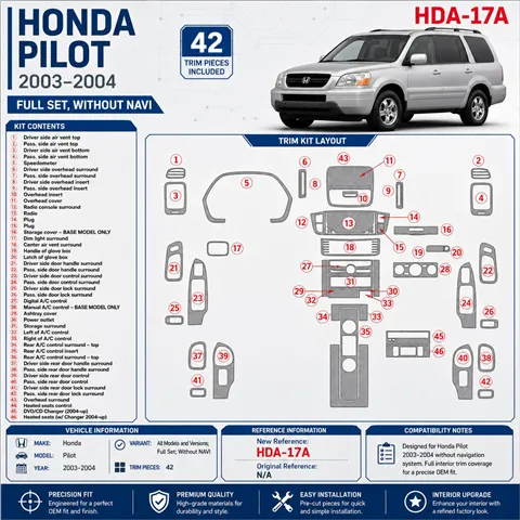 Honda Pilot 2003-2004 kit complet, sans navigation, 42 pièces kit décoration intérieure tableau de bord