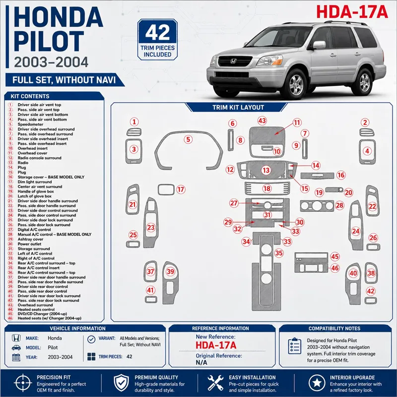 Honda Pilot 2003-2004 kit complet, sans navigation, 42 pièces kit décoration intérieure tableau de bord