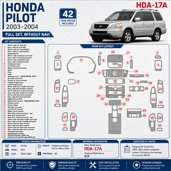 Honda Pilot 2003-2004 kit complet, sans navigation, 42 pièces kit décoration intérieure tableau de bord
