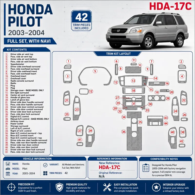 Honda Pilot 2003-2004 kit complet, avec navigation, 42 pièces kit décoration intérieure tableau de bord
