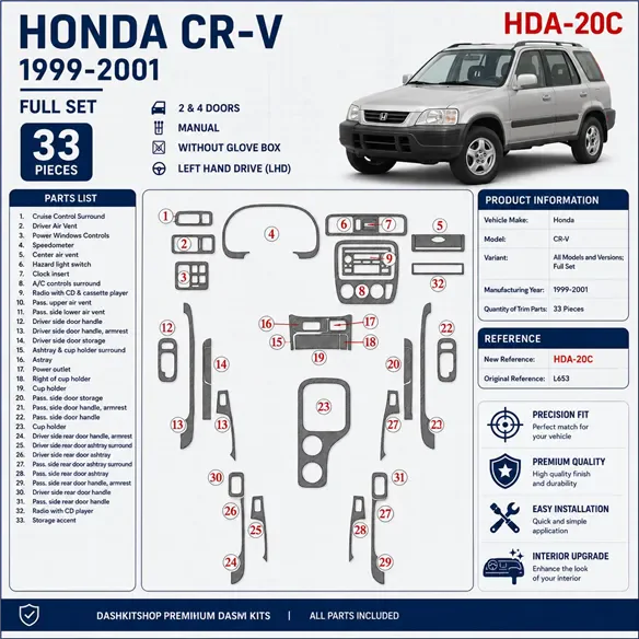 Honda CR-V 1999-2001 kit complet, 33 pièces kit décoration intérieure tableau de bord