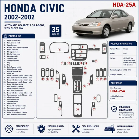 Honda Civic 2002-2002 boîte automatique, 2 ou 4 portes, avec boîte à gants, 35 pièces kit décoration intérieure tableau de bord