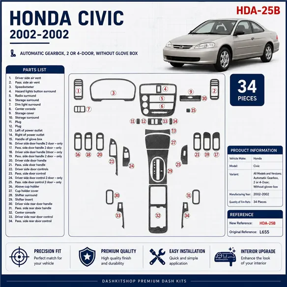 Honda Civic 2002-2002 Auto boîte de vitesses, 2 ou 4 portes, sans boîte à gants, 34 pièces kit décoration intérieure tableau de 