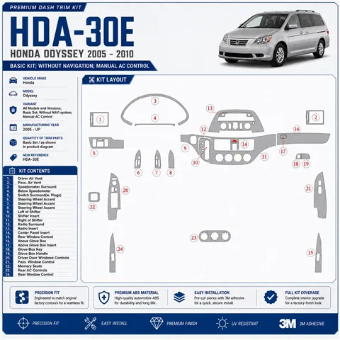 Honda Odyssey 2005 - à aujourd’hui kit de base, sans navigation system, manuel AC Control kit décoration intérieure tableau de b