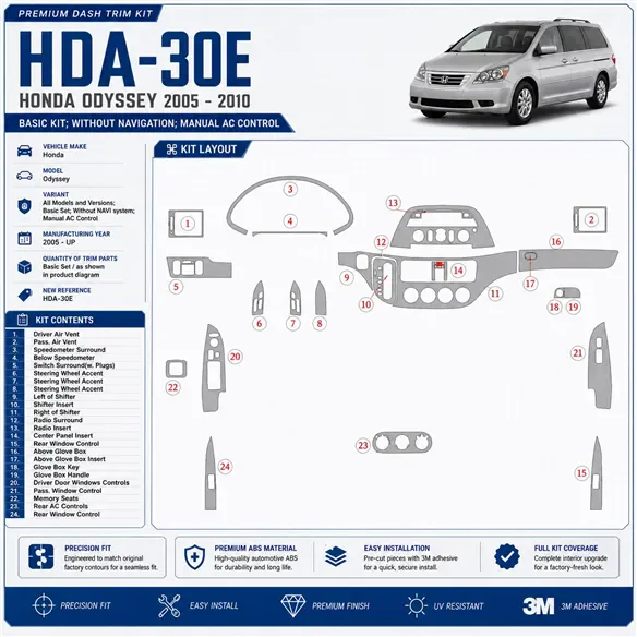 Honda Odyssey 2005 - à aujourd’hui kit de base, sans navigation system, manuel AC Control kit décoration intérieure tableau de b