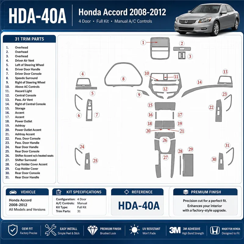 Honda Accord 2008-2012 kit complet, 4 portes, boîte manuelle AC Control kit décoration intérieure tableau de bord