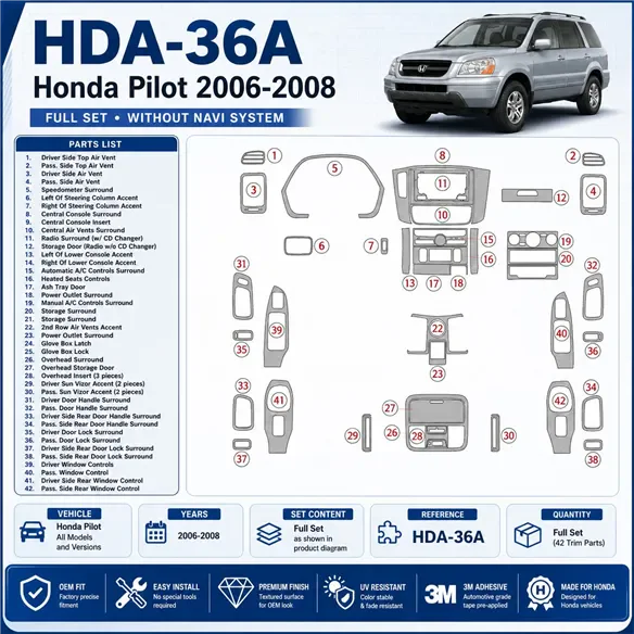 Honda Pilot 2006-2008 kit complet, sans navigation system kit décoration intérieure tableau de bord