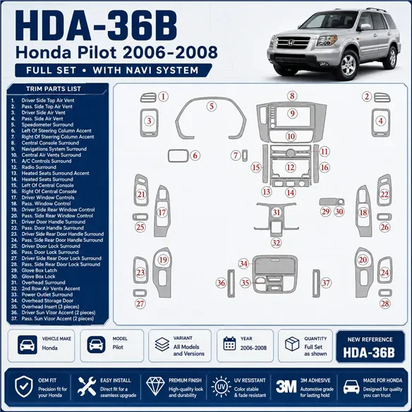 Honda Pilot 2006-2008 kit complet, avec navigation system kit décoration intérieure tableau de bord