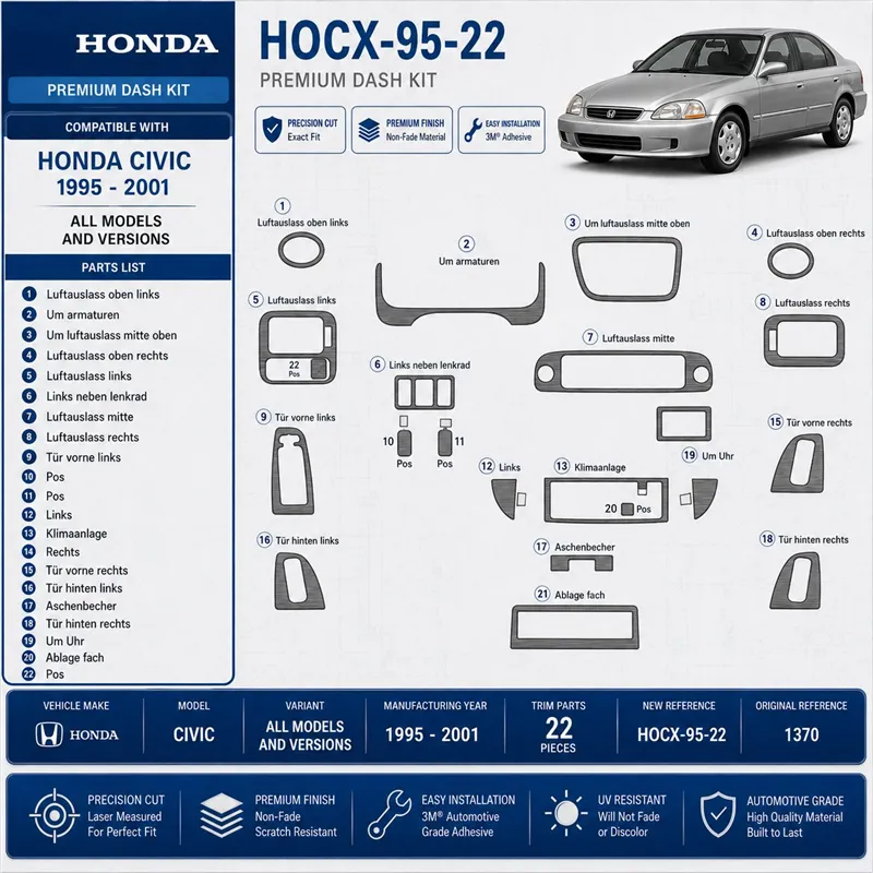 Honda Civic 1995-2001 3D kit décoration intérieure tableau de bord 22 pièces
