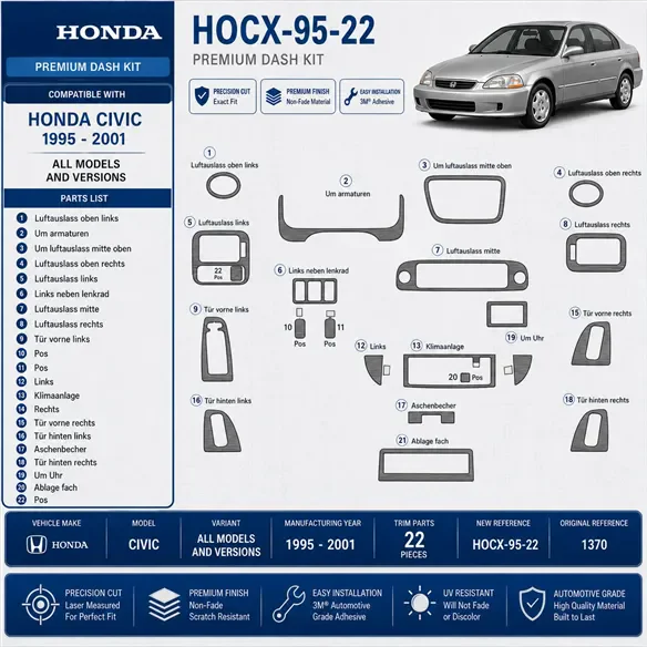 Honda Civic 1995-2001 3D kit décoration intérieure tableau de bord 22 pièces