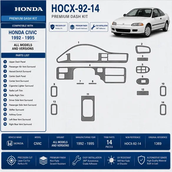 Honda Civic 1992-1995 3D kit décoration intérieure tableau de bord 14 pièces