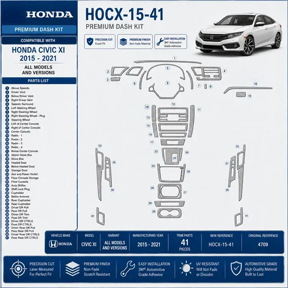 Honda Civic XI 2015-2021 kit décoration intérieure tableau de bord 41 pièces