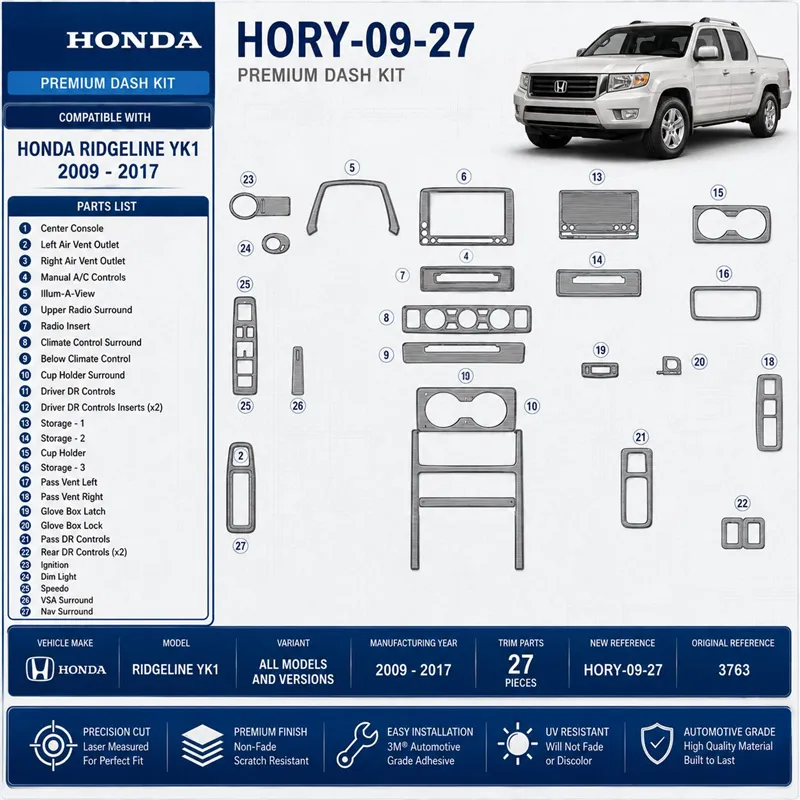 Honda Ridgeline YK1 2009-2017 kit décoration intérieure tableau de bord 27 pièces