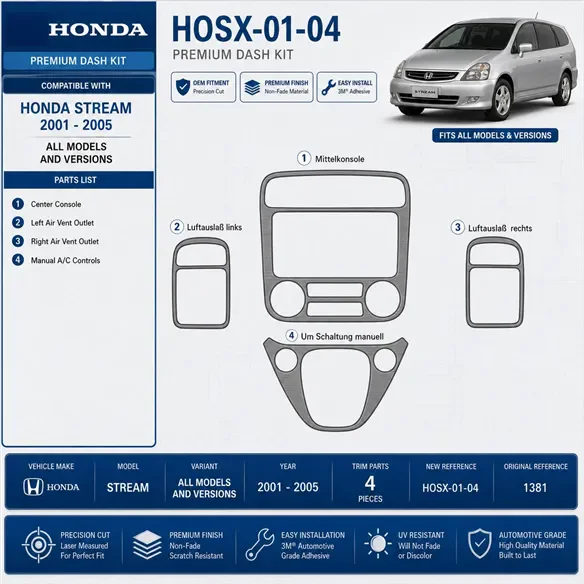 Honda Stream 2001-2005 3D kit décoration intérieure tableau de bord 4 pièces