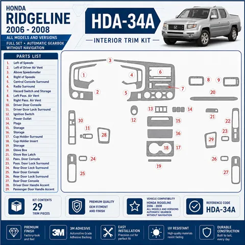 Honda Ridgeline 2006-2008 kit complet, boîte automatique, sans Navigation kit décoration intérieure tableau de bord