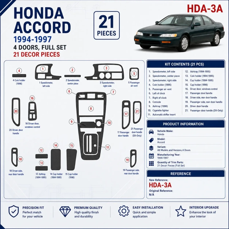 Honda Accord 1994-1997 4 portes, kit complet, 21 pièces kit décoration intérieure tableau de bord