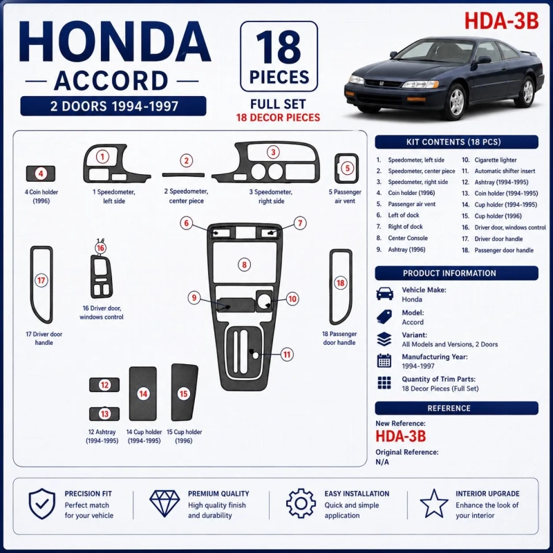 Honda Accord 1994-1997 2 portes, kit complet, 18 pièces kit décoration intérieure tableau de bord