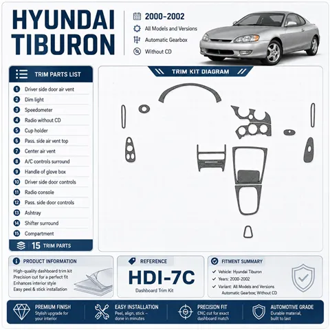 Hyundai Tiburon 2000-2002 boîte automatique, sans CD, 15 pièces kit décoration intérieure tableau de bord