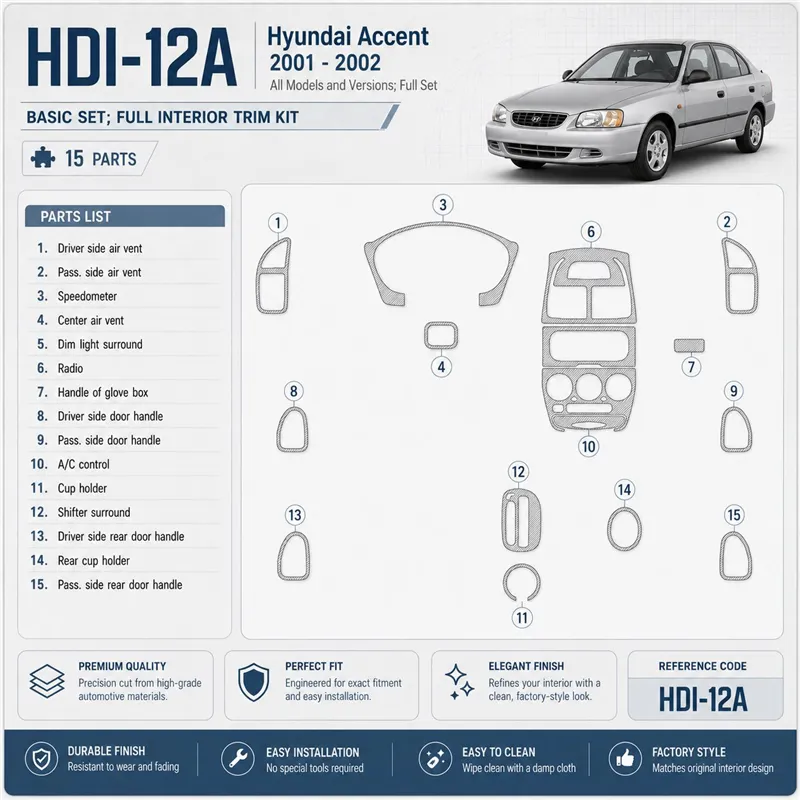 Hyundai Accent 2001-2002 kit complet, 15 pièces kit décoration intérieure tableau de bord