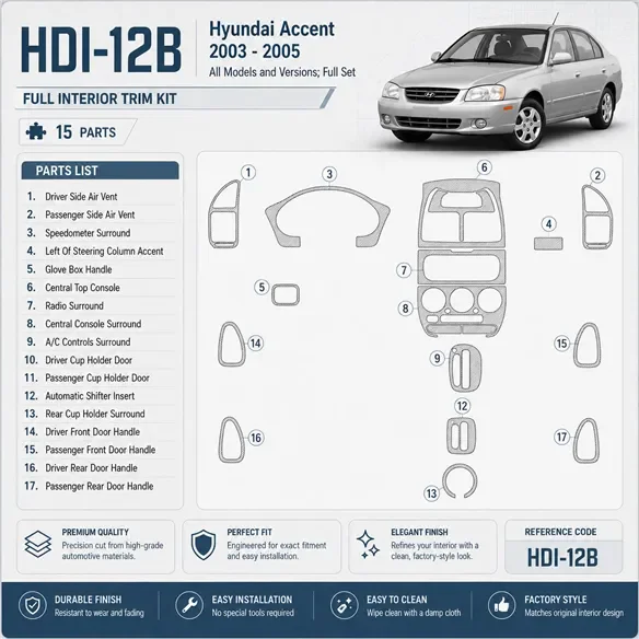 Hyundai Accent 2003-2005 kit complet, 15 pièces kit décoration intérieure tableau de bord