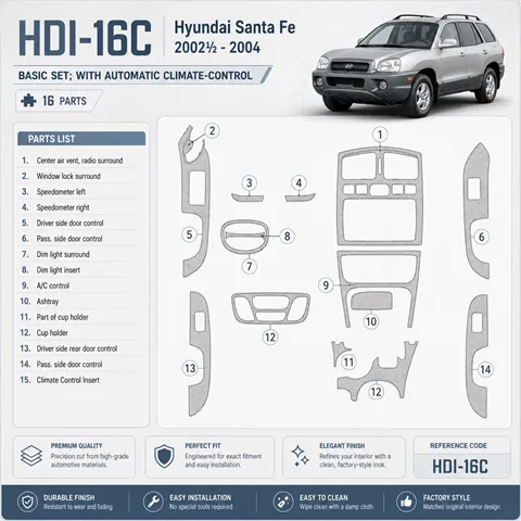 Hyundai Santa Fe 2002-2004 kit de base, avec automatique Climate Control, 16 pièces kit décoration intérieure tableau de bord