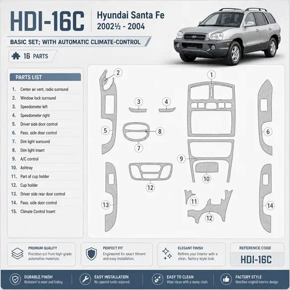 Hyundai Santa Fe 2002-2004 kit de base, avec automatique Climate Control, 16 pièces kit décoration intérieure tableau de bord
