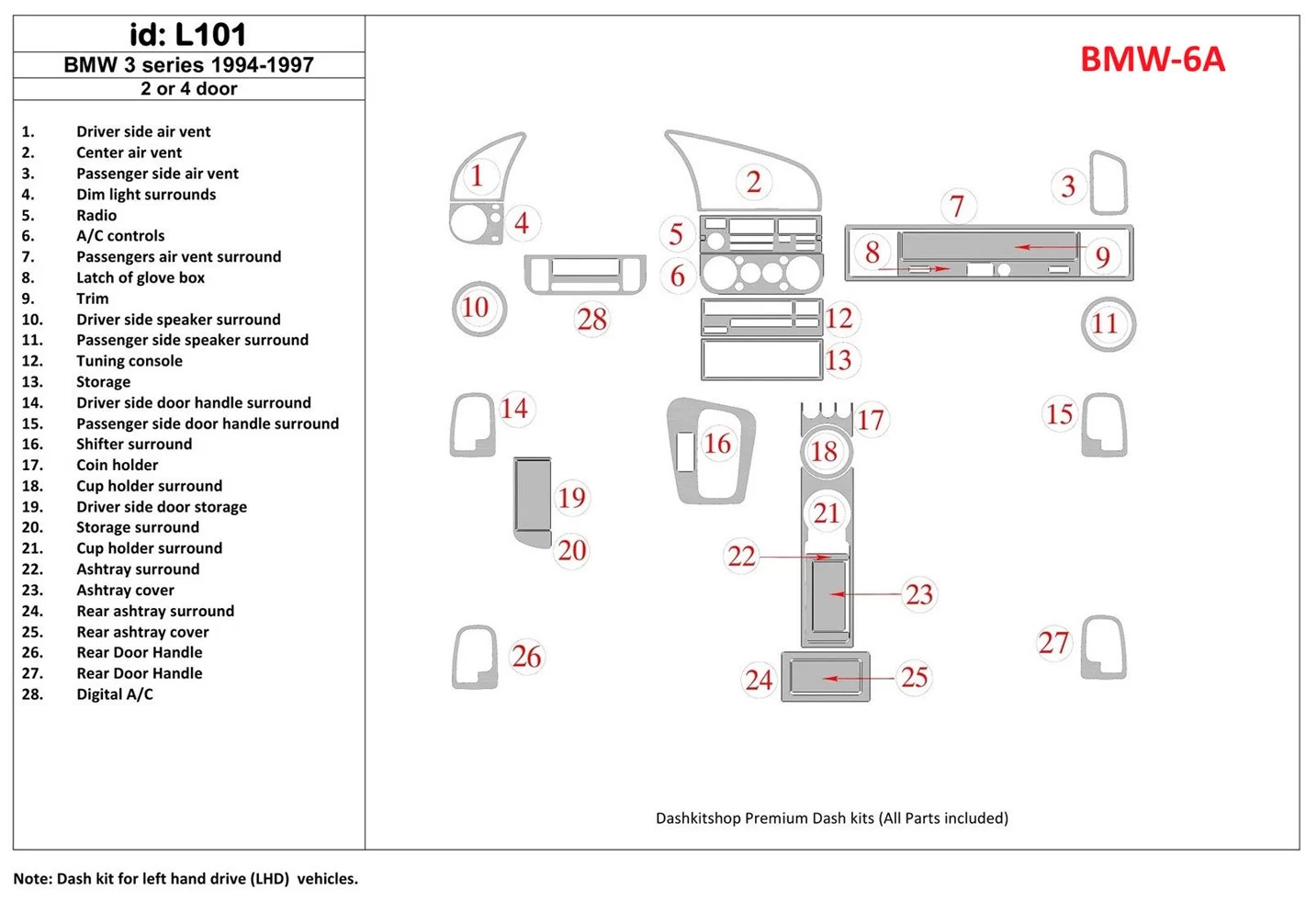 BMW 3 1994-1997 2 Des portes, 25 Parts set BD Kit la décoration du tableau de bord - 1 - habillage decor de tableau de bord