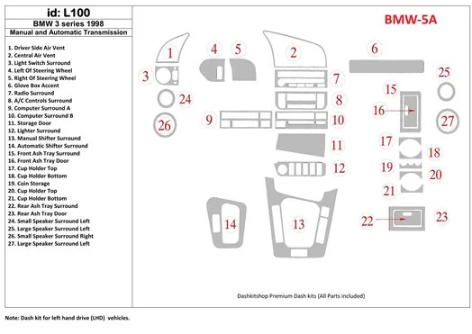 BMW 3 1998-1998 boîte manuellebox & Boîte automatique, 27 Parts set BD Kit la décoration du tableau de bord - 1 - habillage deco