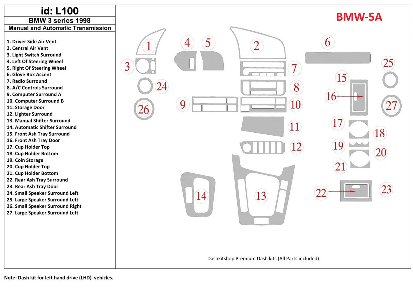 BMW 3 1998-1998 boîte manuellebox & Boîte automatique, 27 Parts set BD Kit la décoration du tableau de bord - 1 - habillage deco