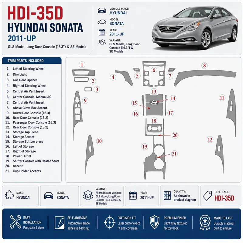 Hyundai Sonata 2011 - à aujourd’hui GLS Model, Long portes Console (163 inches) & SE modèles kit décoration intérieure tableau d