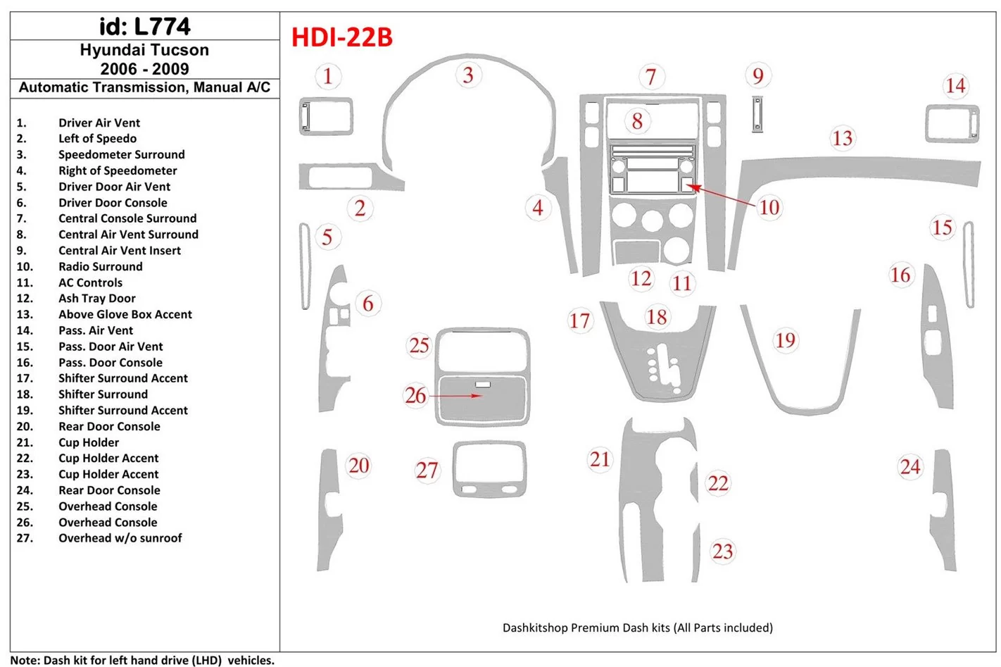 Hyundai Tucson 2006-2009 Boîte automatique, boîte manuellebox AC Control BD Kit la décoration du tableau de bord - 1 - habillage