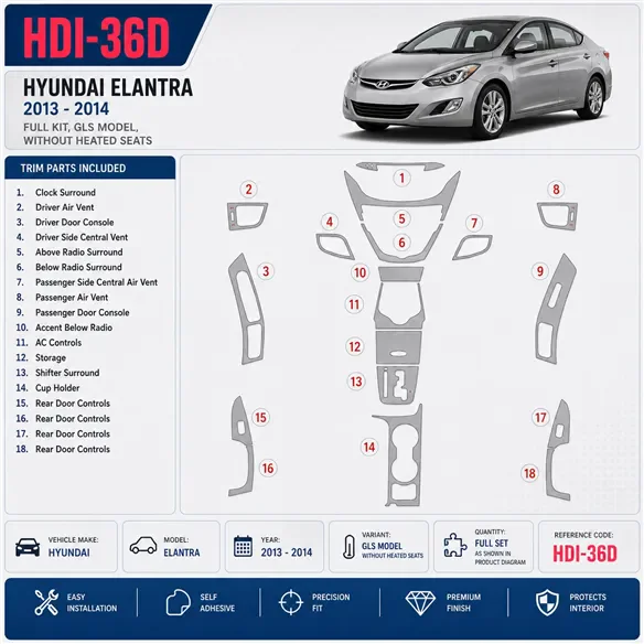 Hyundai Elantra 2011-2013 kit complet, GLS Model, sans Seat Heating kit décoration intérieure tableau de bord