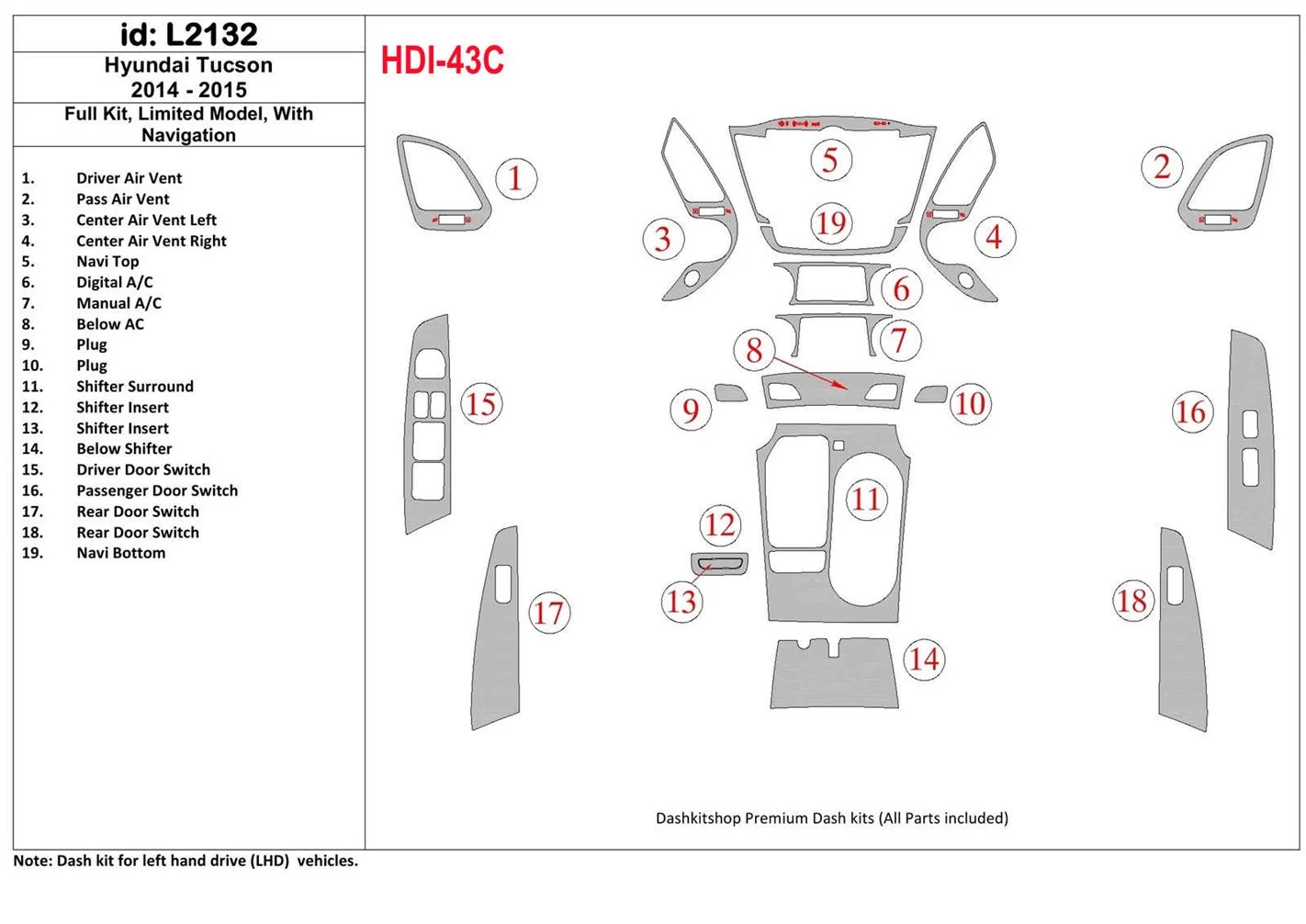 Hyundai Tucson 2014-2015 Ensemble Complet, Sans NAVI, Limited Model BD Kit la décoration du tableau de bord - 1 - habillage deco