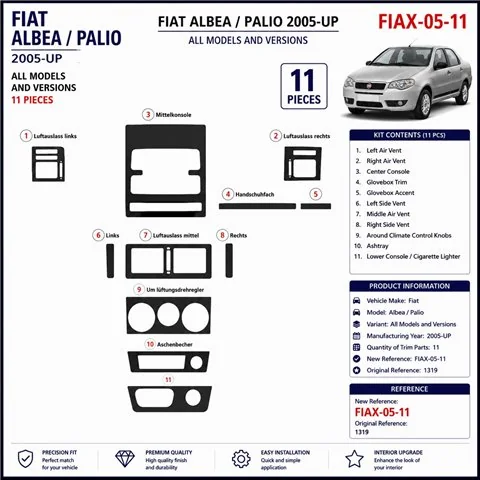 Fiat Albea 2005+ kit décor tableau de bord 3D, 11 pièces 2
