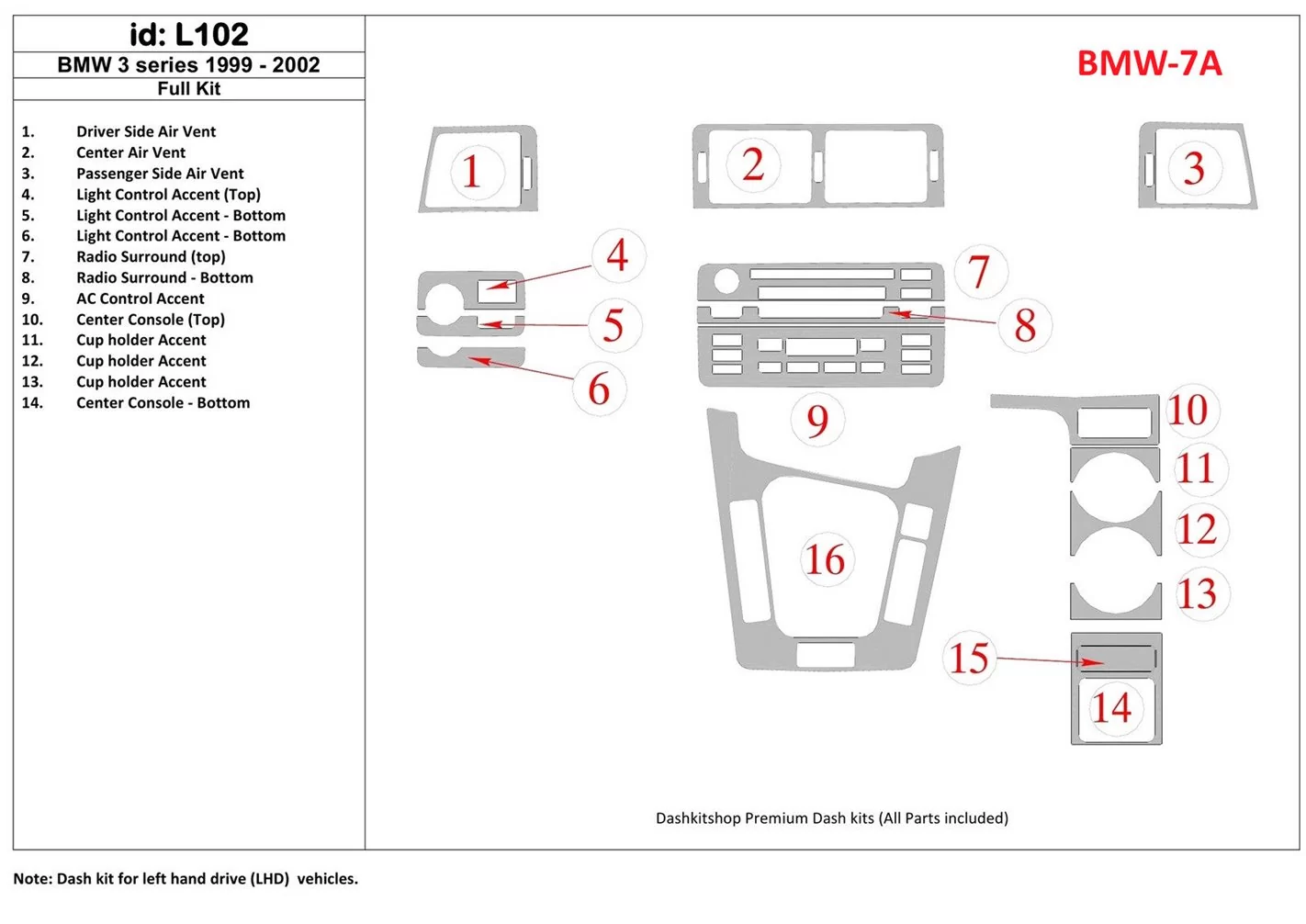 BMW 3 1999-2002 Ensemble Complet BD Kit la décoration du tableau de bord - 1 - habillage decor de tableau de bord