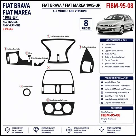Fiat Brava-Marea 1995+ kit décor tableau de bord 3D, 8 pièces 2