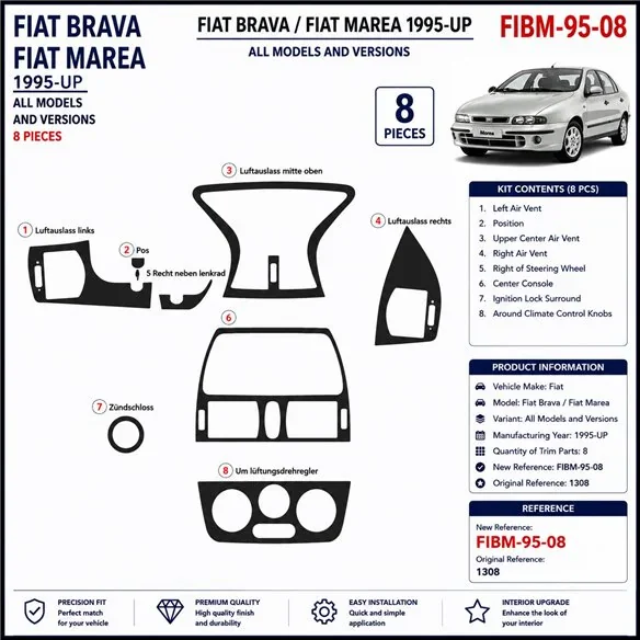 Fiat Brava-Marea 1995+ kit décor tableau de bord 3D, 8 pièces