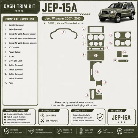 Jeep Wrangler 2007-2010 kit complet, boîte manuelle boîte kit décoration intérieure tableau de bord 2
