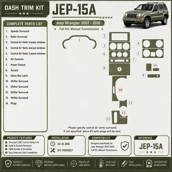 Jeep Wrangler 2007-2010 kit complet, boîte manuelle boîte kit décoration intérieure tableau de bord